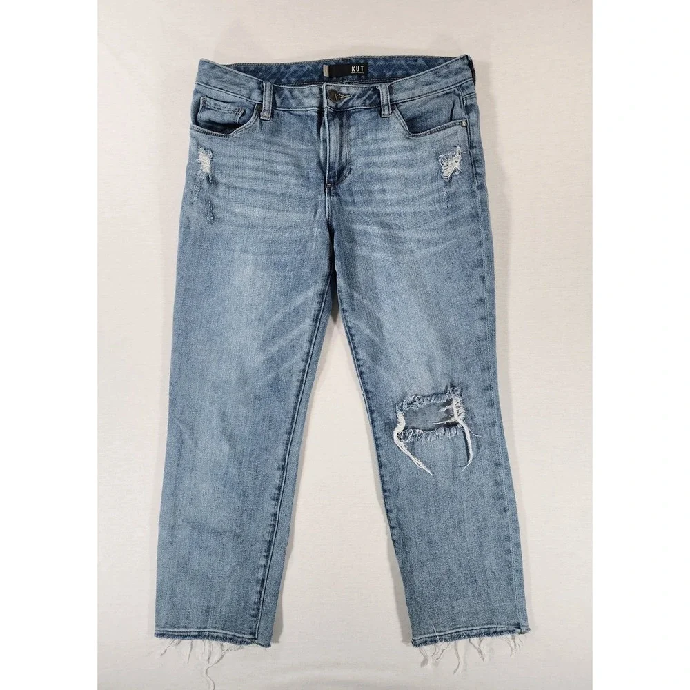 Kut from the Kloth Reese Crop Jeans Womens 6 Straight Ankle Distressed‎ Raw Hem